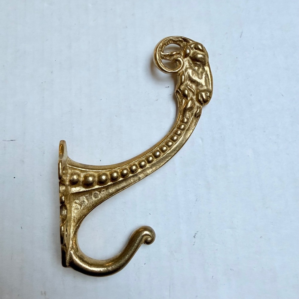Vintage Solid Brass Rams Head Wall Hook Beaded Decorative Coat Hat Rack Gold
